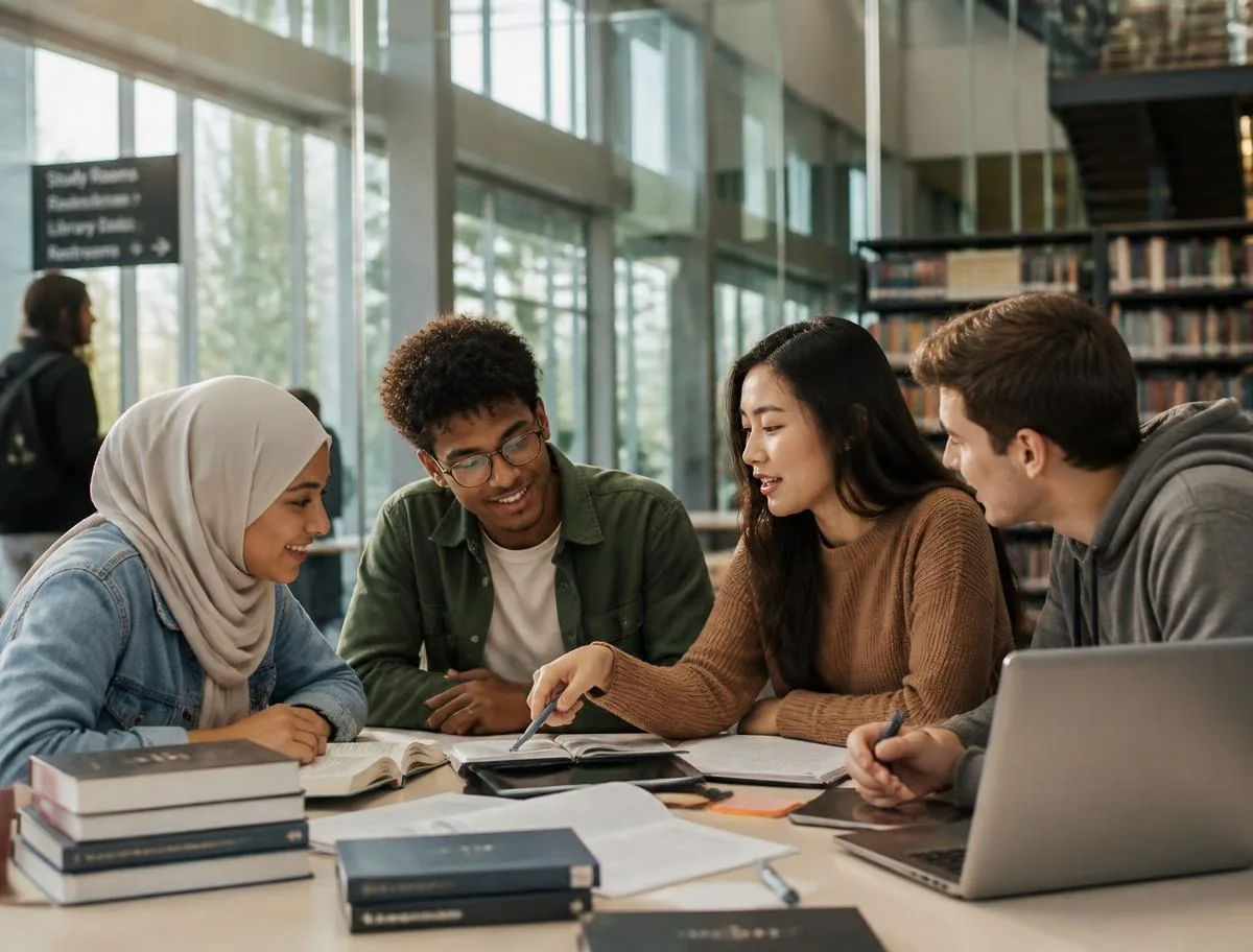 International students collaborating in a university library