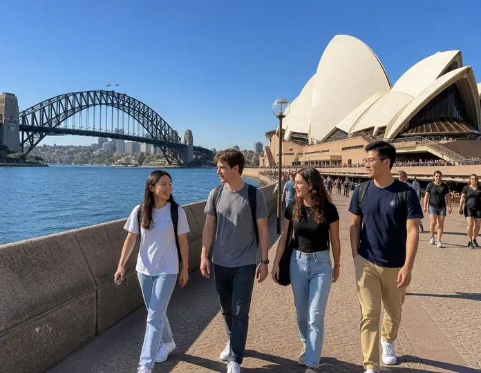 Students walking along Sydney Harbour near the Opera House