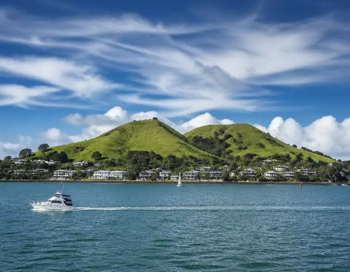 Auckland waterfront and green hills